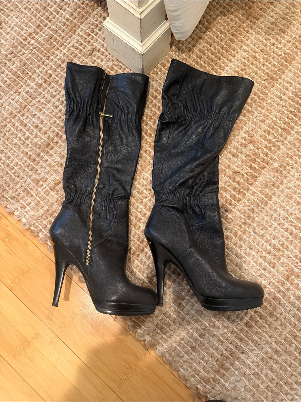 MICHAEL Michael Kors Black Leather High-Heel Mid-Calf Boots with Gold Zip Detail